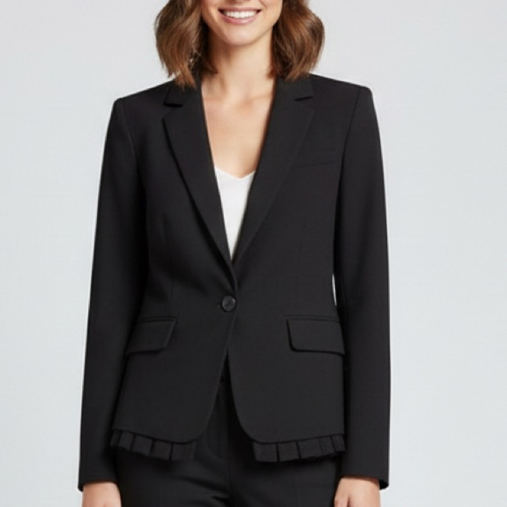 Ann Taylor LOFT cropped one-button structured blazer layered ruffles Black 6 NWT